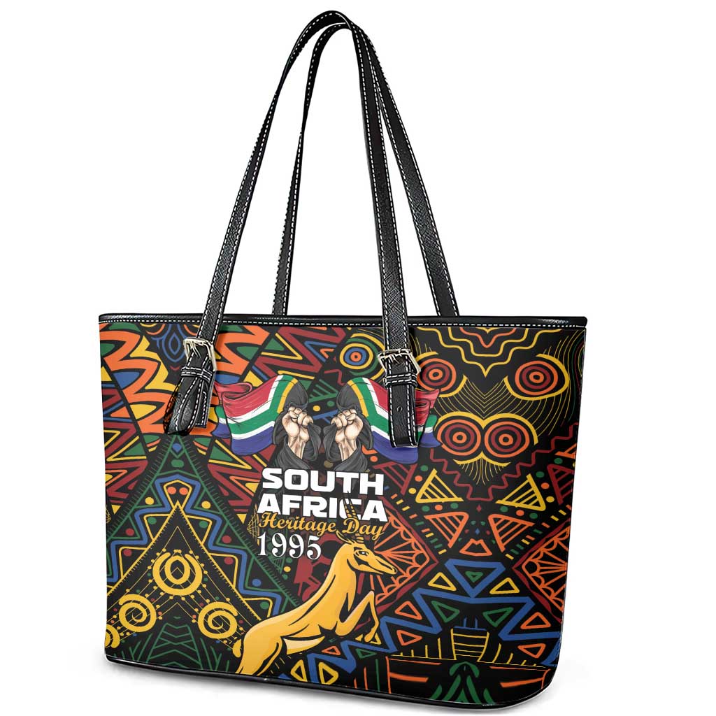 South African Heritage Day Leather Tote Bag Springbok African Pattern - Wonder Print Shop