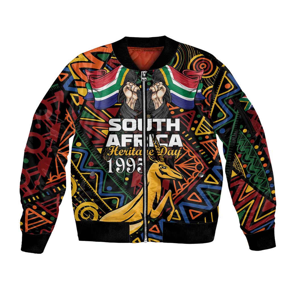 South African Heritage Day Sleeve Zip Bomber Jacket Springbok African Pattern - Wonder Print Shop