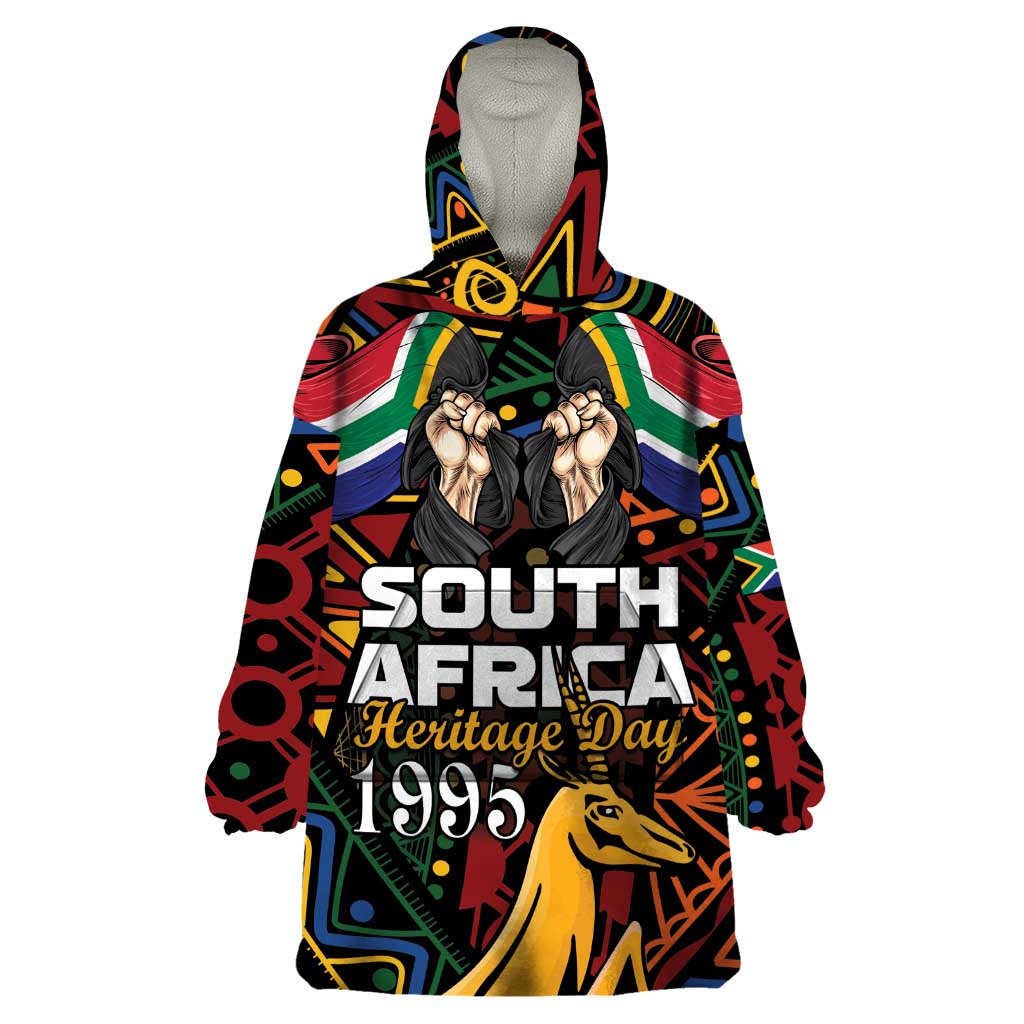 South African Heritage Day Wearable Blanket Hoodie Springbok African Pattern - Wonder Print Shop
