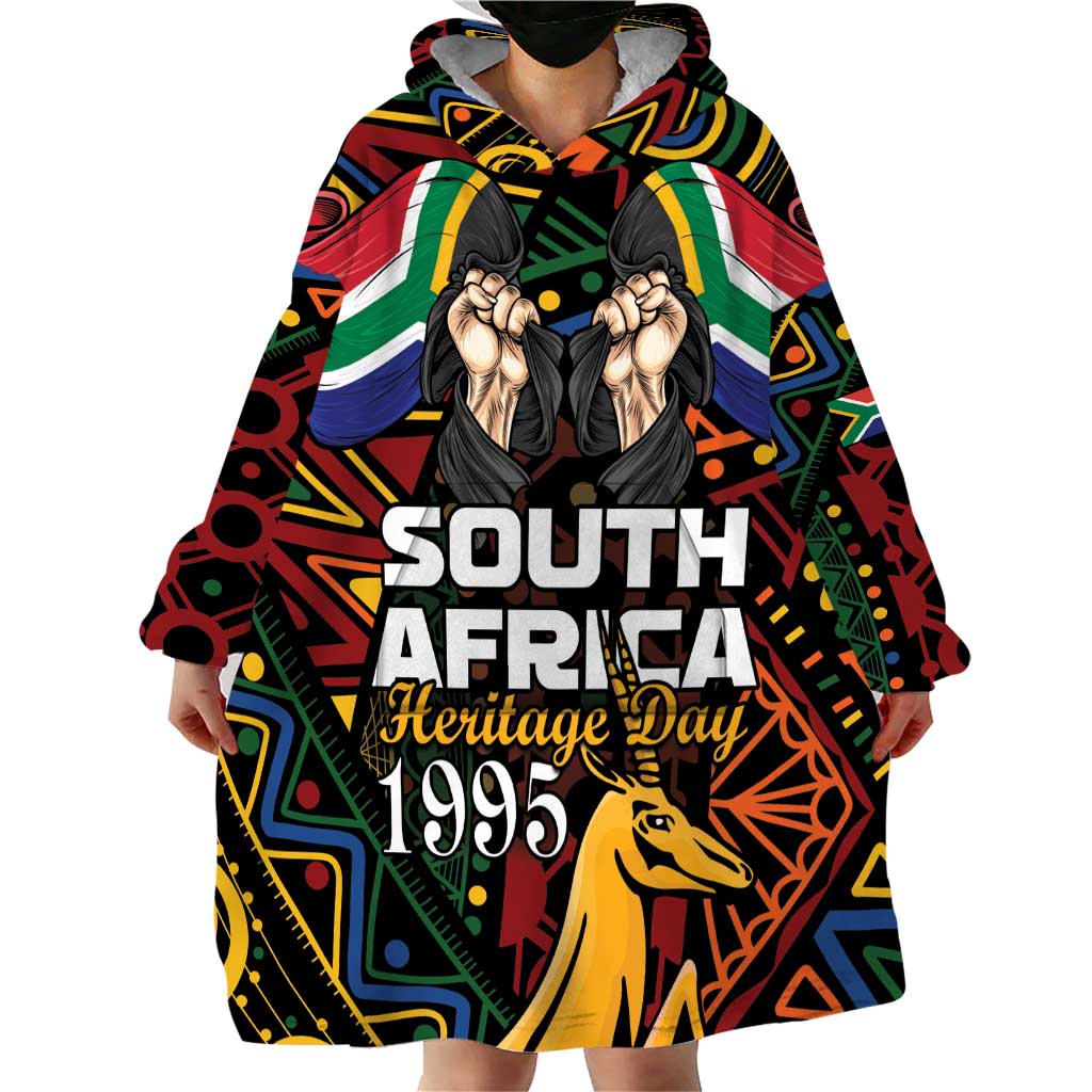 South African Heritage Day Wearable Blanket Hoodie Springbok African Pattern - Wonder Print Shop