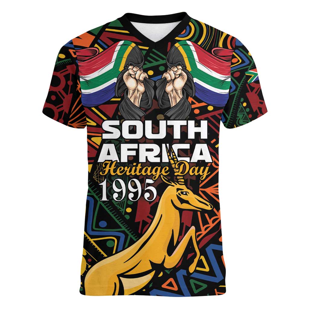 South African Heritage Day Women V-Neck T-Shirt Springbok African Pattern - Wonder Print Shop