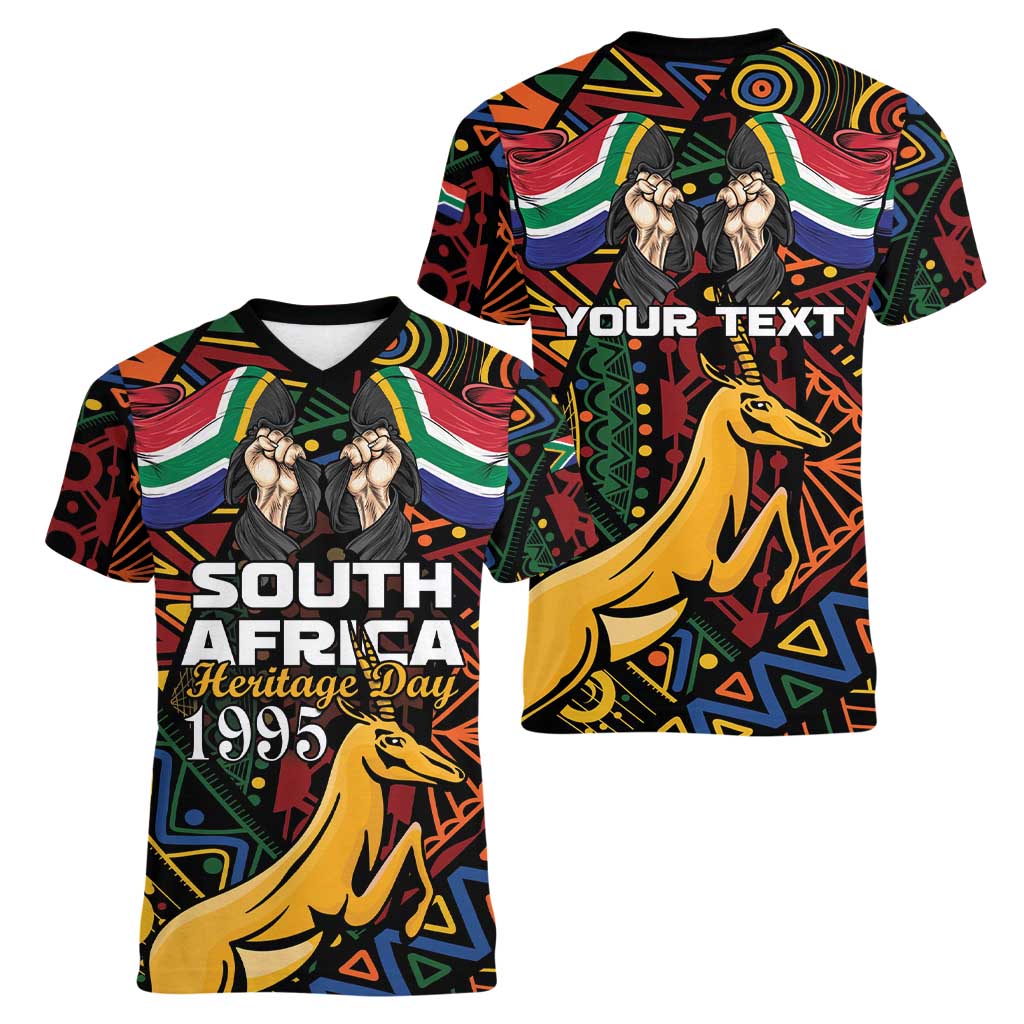 South African Heritage Day Women V-Neck T-Shirt Springbok African Pattern - Wonder Print Shop