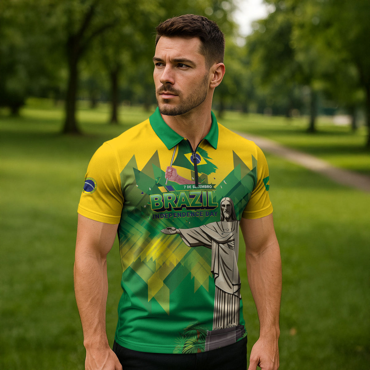 Personalized Brazil Christ The Redeemer Zipper Polo Shirt Sete de Setembro