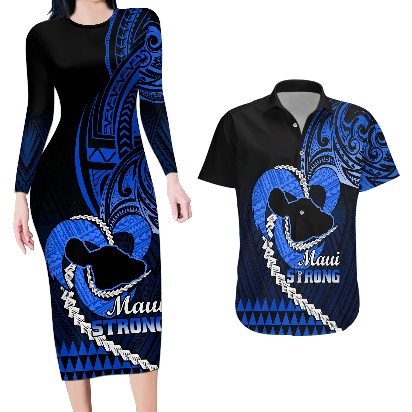 Personalised Hawaii Couples Matching Long Sleeve Bodycon Dress and Hawaiian Shirt Maui Be Strong Kakau Blue Version - Wonder Print Shop
