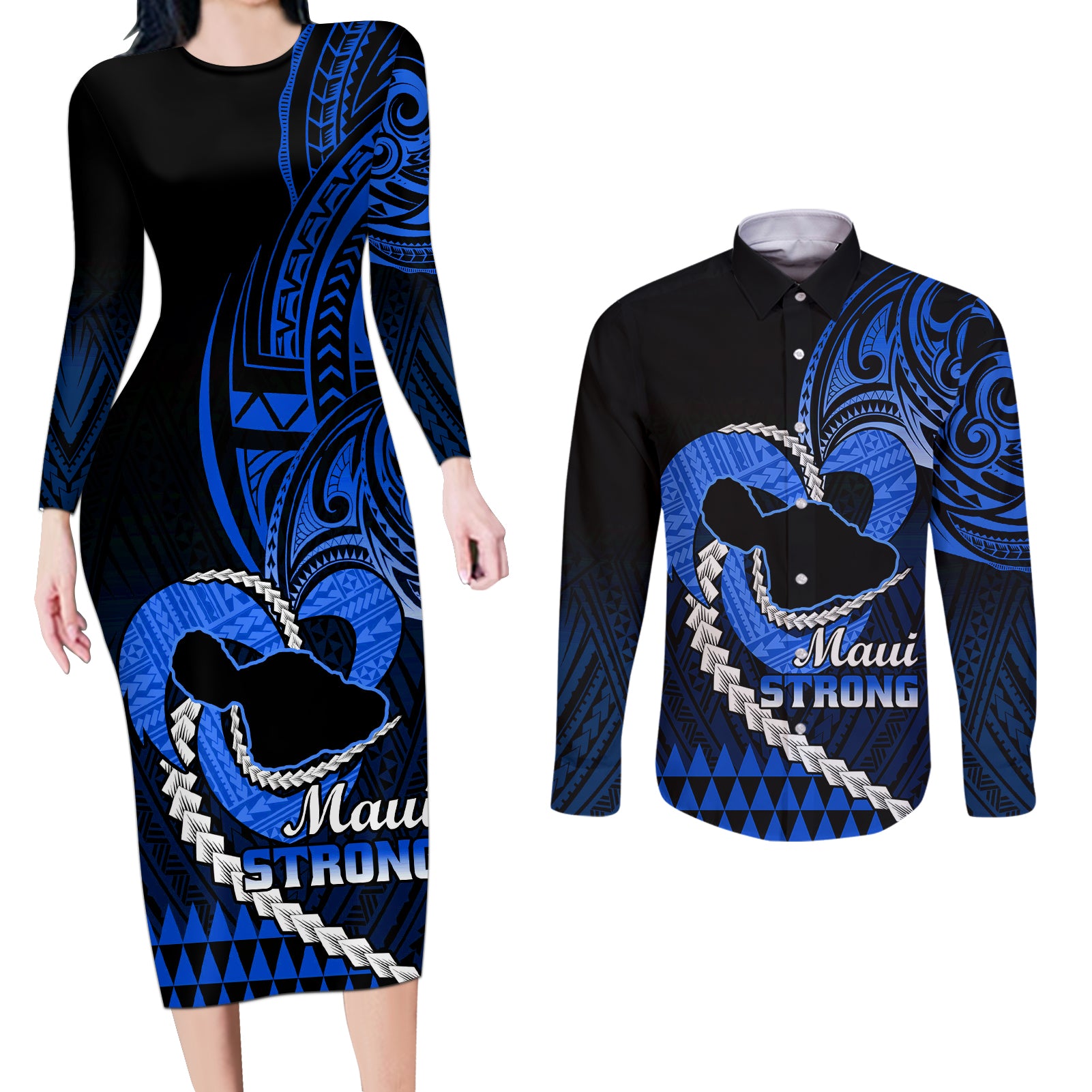 Personalised Hawaii Couples Matching Long Sleeve Bodycon Dress and Long Sleeve Button Shirts Maui Be Strong Kakau Blue Version - Wonder Print Shop