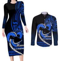 Personalised Hawaii Couples Matching Long Sleeve Bodycon Dress and Long Sleeve Button Shirts Maui Be Strong Kakau Blue Version - Wonder Print Shop