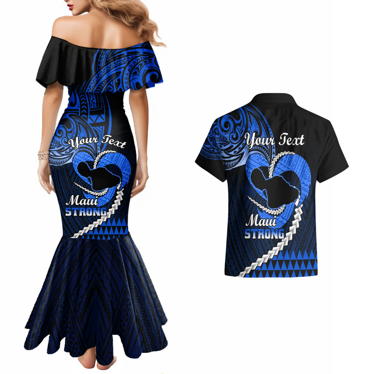 Personalised Hawaii Couples Matching Mermaid Dress and Hawaiian Shirt Maui Be Strong Kakau Blue Version - Wonder Print Shop