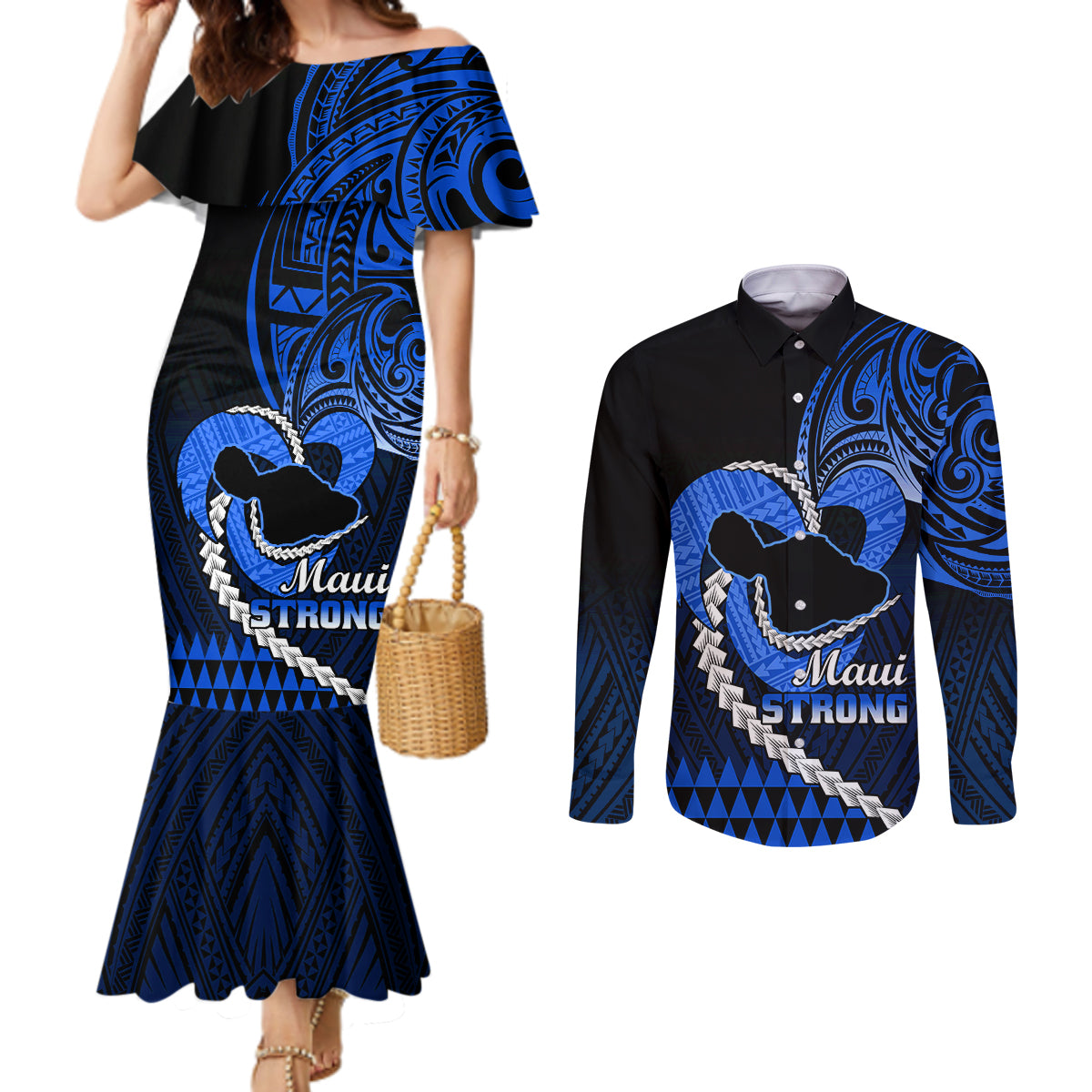 personalised-hawaii-couples-matching-mermaid-dress-and-long-sleeve-button-shirts-maui-be-strong-kakau-blue-version
