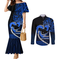 personalised-hawaii-couples-matching-mermaid-dress-and-long-sleeve-button-shirts-maui-be-strong-kakau-blue-version