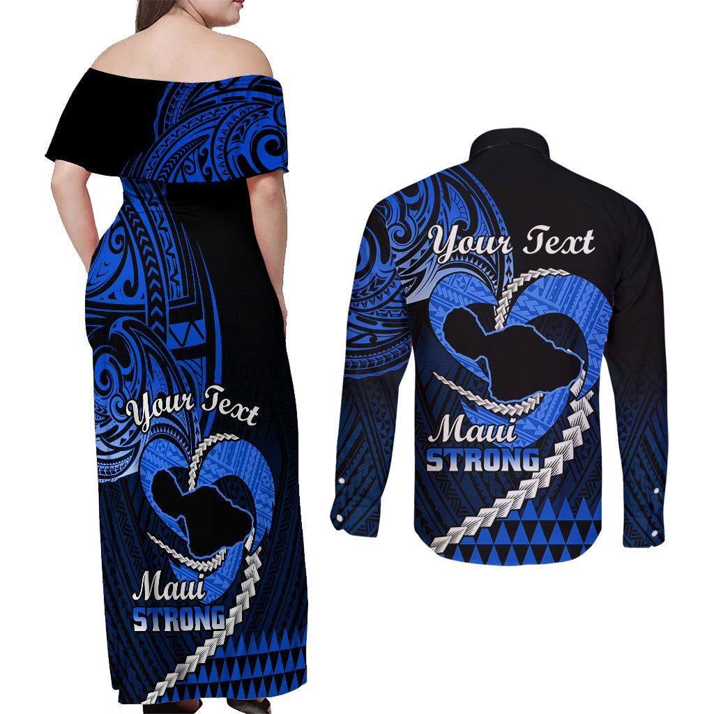 Personalised Hawaii Couples Matching Off Shoulder Maxi Dress and Long Sleeve Button Shirts Maui Be Strong Kakau Blue Version - Wonder Print Shop