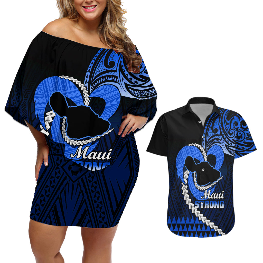 Personalised Hawaii Couples Matching Off Shoulder Short Dress and Hawaiian Shirt Maui Be Strong Kakau Blue Version - Wonder Print Shop