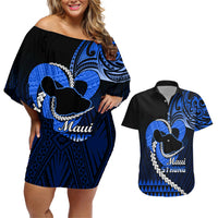 Personalised Hawaii Couples Matching Off Shoulder Short Dress and Hawaiian Shirt Maui Be Strong Kakau Blue Version - Wonder Print Shop