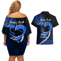 Personalised Hawaii Couples Matching Off Shoulder Short Dress and Hawaiian Shirt Maui Be Strong Kakau Blue Version - Wonder Print Shop