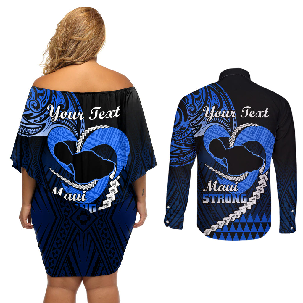 Personalised Hawaii Couples Matching Off Shoulder Short Dress and Long Sleeve Button Shirts Maui Be Strong Kakau Blue Version - Wonder Print Shop