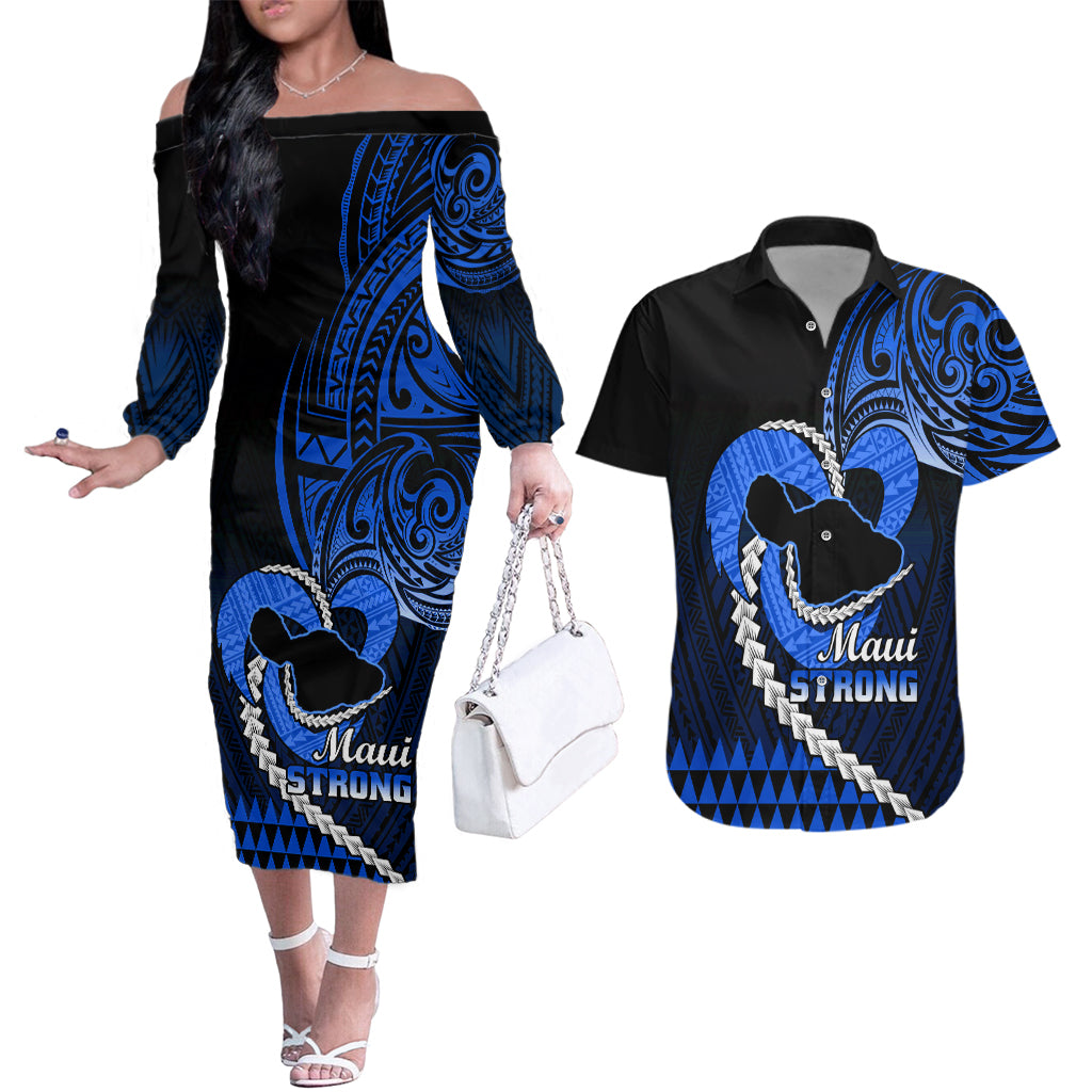 Personalised Hawaii Couples Matching Off The Shoulder Long Sleeve Dress and Hawaiian Shirt Maui Be Strong Kakau Blue Version - Wonder Print Shop