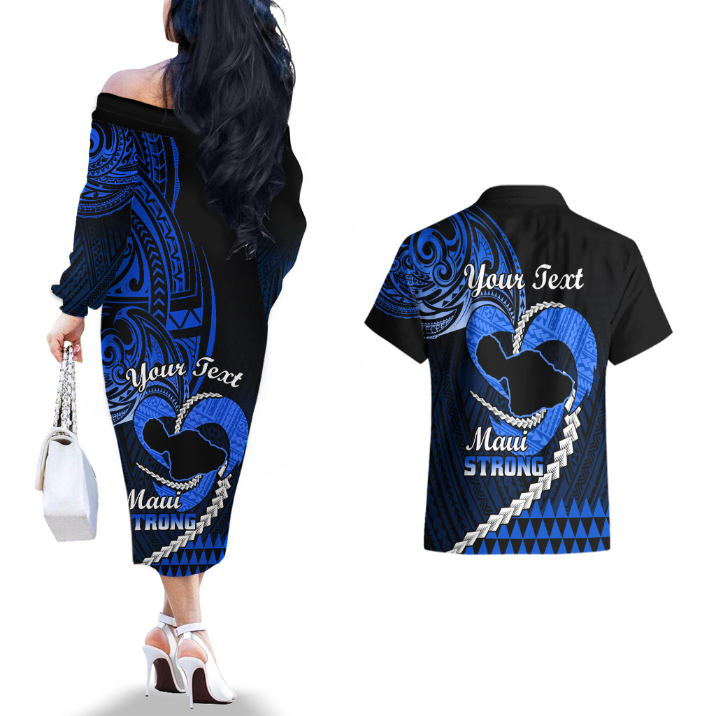Personalised Hawaii Couples Matching Off The Shoulder Long Sleeve Dress and Hawaiian Shirt Maui Be Strong Kakau Blue Version - Wonder Print Shop