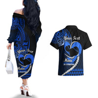 Personalised Hawaii Couples Matching Off The Shoulder Long Sleeve Dress and Hawaiian Shirt Maui Be Strong Kakau Blue Version - Wonder Print Shop