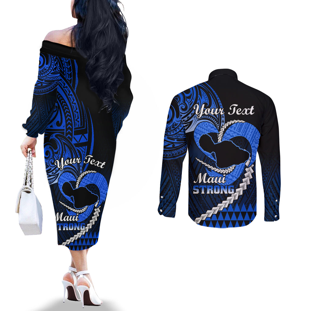 personalised-hawaii-couples-matching-off-the-shoulder-long-sleeve-dress-and-long-sleeve-button-shirts-maui-be-strong-kakau-blue-version