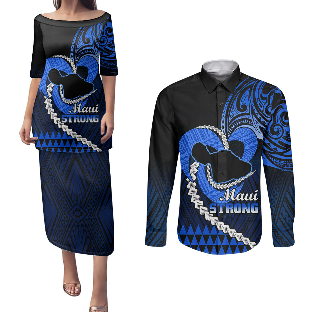 Personalised Hawaii Couples Matching Puletasi Dress and Long Sleeve Button Shirts Maui Be Strong Kakau Blue Version - Wonder Print Shop