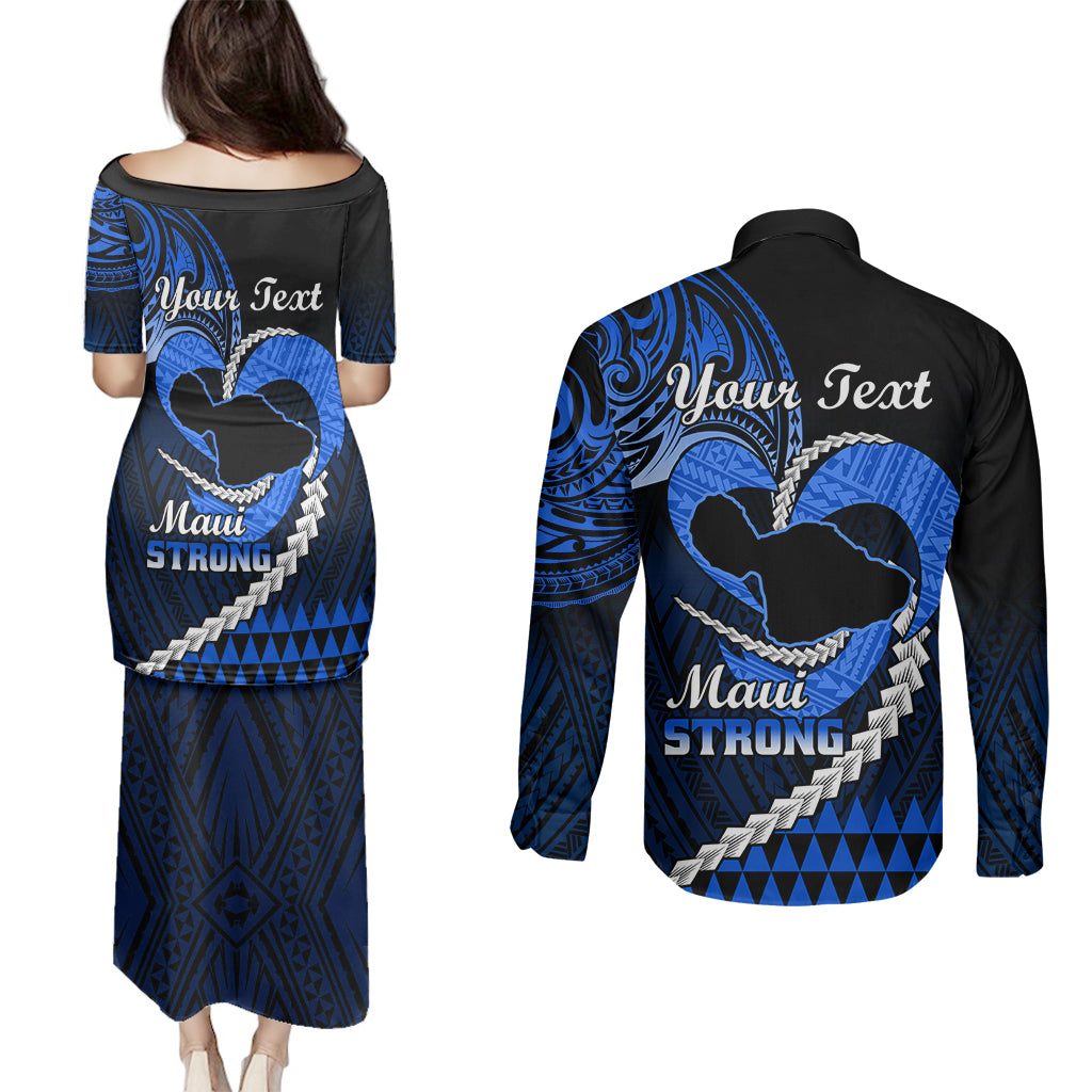 Personalised Hawaii Couples Matching Puletasi Dress and Long Sleeve Button Shirts Maui Be Strong Kakau Blue Version - Wonder Print Shop