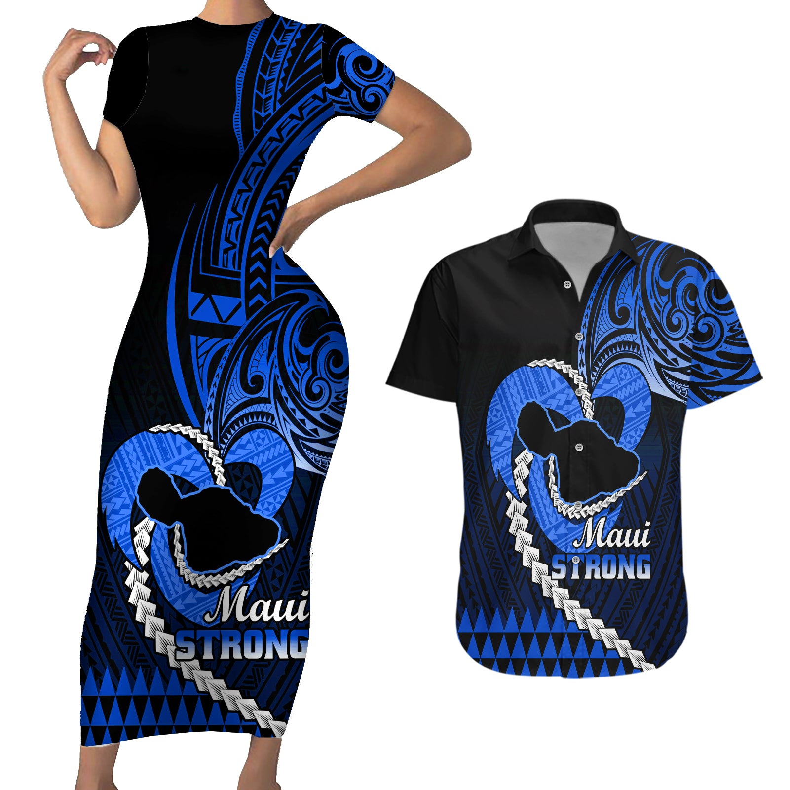 Personalised Hawaii Couples Matching Short Sleeve Bodycon Dress and Hawaiian Shirt Maui Be Strong Kakau Blue Version - Wonder Print Shop