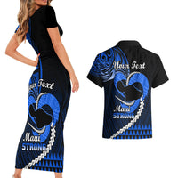 Personalised Hawaii Couples Matching Short Sleeve Bodycon Dress and Hawaiian Shirt Maui Be Strong Kakau Blue Version - Wonder Print Shop