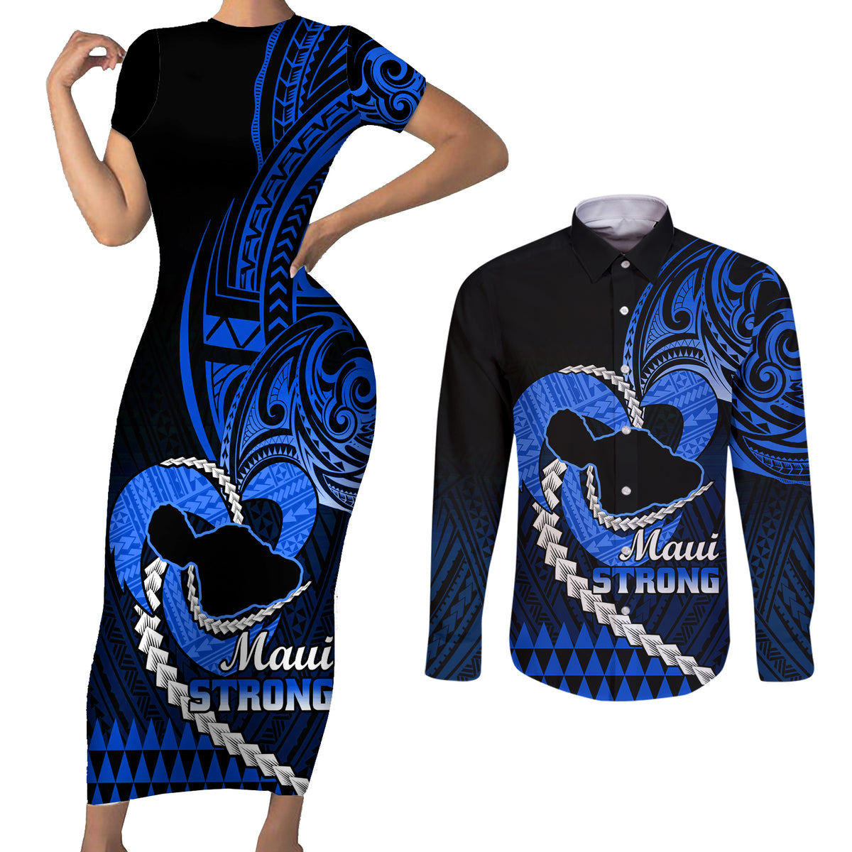 Personalised Hawaii Couples Matching Short Sleeve Bodycon Dress and Long Sleeve Button Shirts Maui Be Strong Kakau Blue Version - Wonder Print Shop