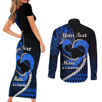 Personalised Hawaii Couples Matching Short Sleeve Bodycon Dress and Long Sleeve Button Shirts Maui Be Strong Kakau Blue Version - Wonder Print Shop