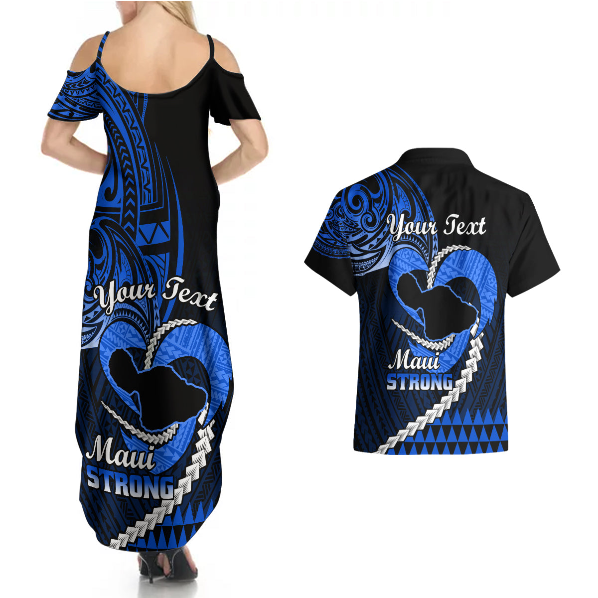 Personalised Hawaii Couples Matching Summer Maxi Dress and Hawaiian Shirt Maui Be Strong Kakau Blue Version - Wonder Print Shop