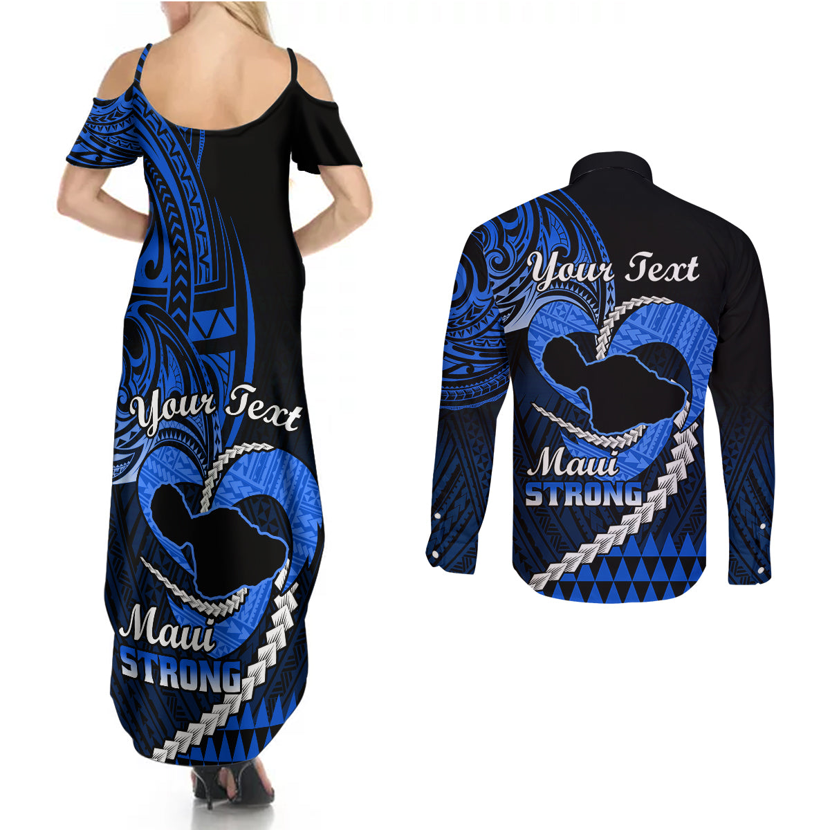 Personalised Hawaii Couples Matching Summer Maxi Dress and Long Sleeve Button Shirts Maui Be Strong Kakau Blue Version - Wonder Print Shop