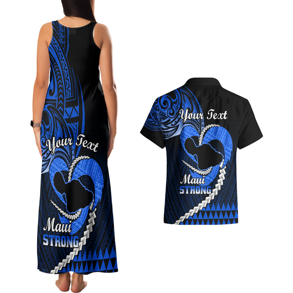 Personalised Hawaii Couples Matching Tank Maxi Dress and Hawaiian Shirt Maui Be Strong Kakau Blue Version - Wonder Print Shop