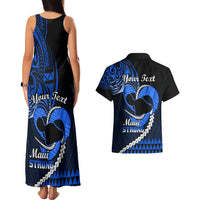 Personalised Hawaii Couples Matching Tank Maxi Dress and Hawaiian Shirt Maui Be Strong Kakau Blue Version - Wonder Print Shop