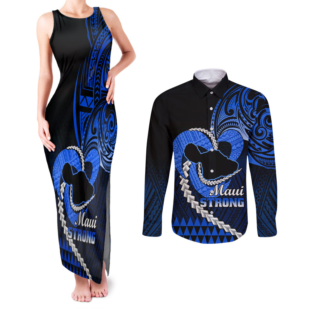 Personalised Hawaii Couples Matching Tank Maxi Dress and Long Sleeve Button Shirts Maui Be Strong Kakau Blue Version - Wonder Print Shop