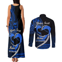 Personalised Hawaii Couples Matching Tank Maxi Dress and Long Sleeve Button Shirts Maui Be Strong Kakau Blue Version - Wonder Print Shop