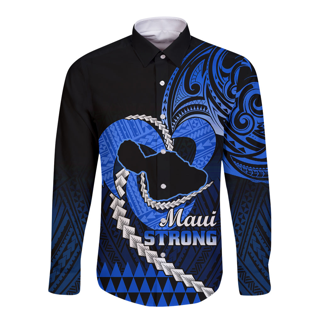 Personalised Hawaii Long Sleeve Button Shirt Maui Be Strong Kakau Blue Version - Wonder Print Shop