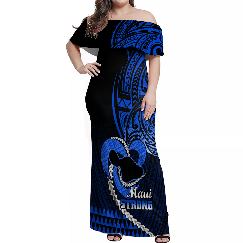 Personalised Hawaii Off Shoulder Maxi Dress Maui Be Strong Kakau Blue Version - Wonder Print Shop
