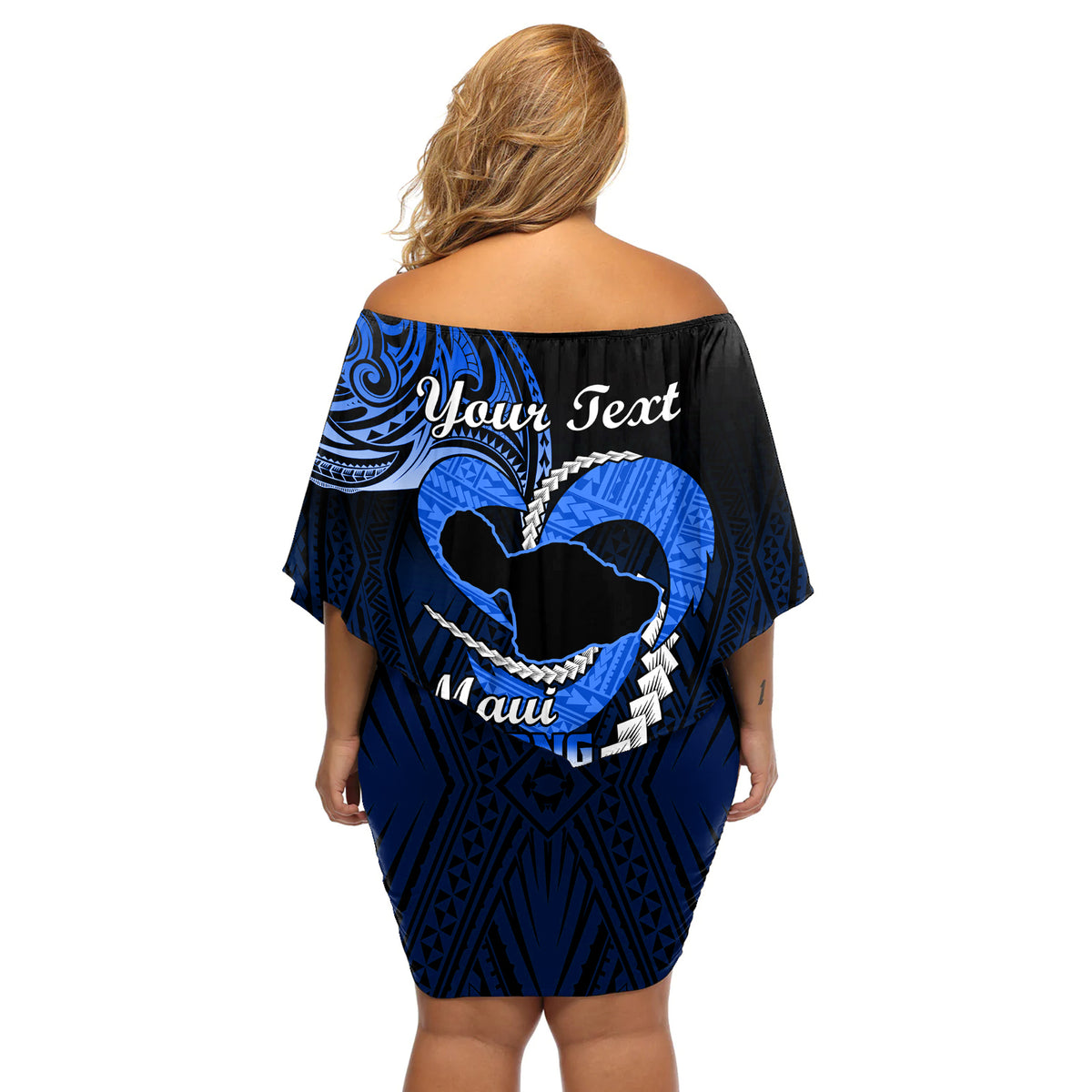 Personalised Hawaii Off Shoulder Short Dress Maui Be Strong Kakau Blue Version - Wonder Print Shop