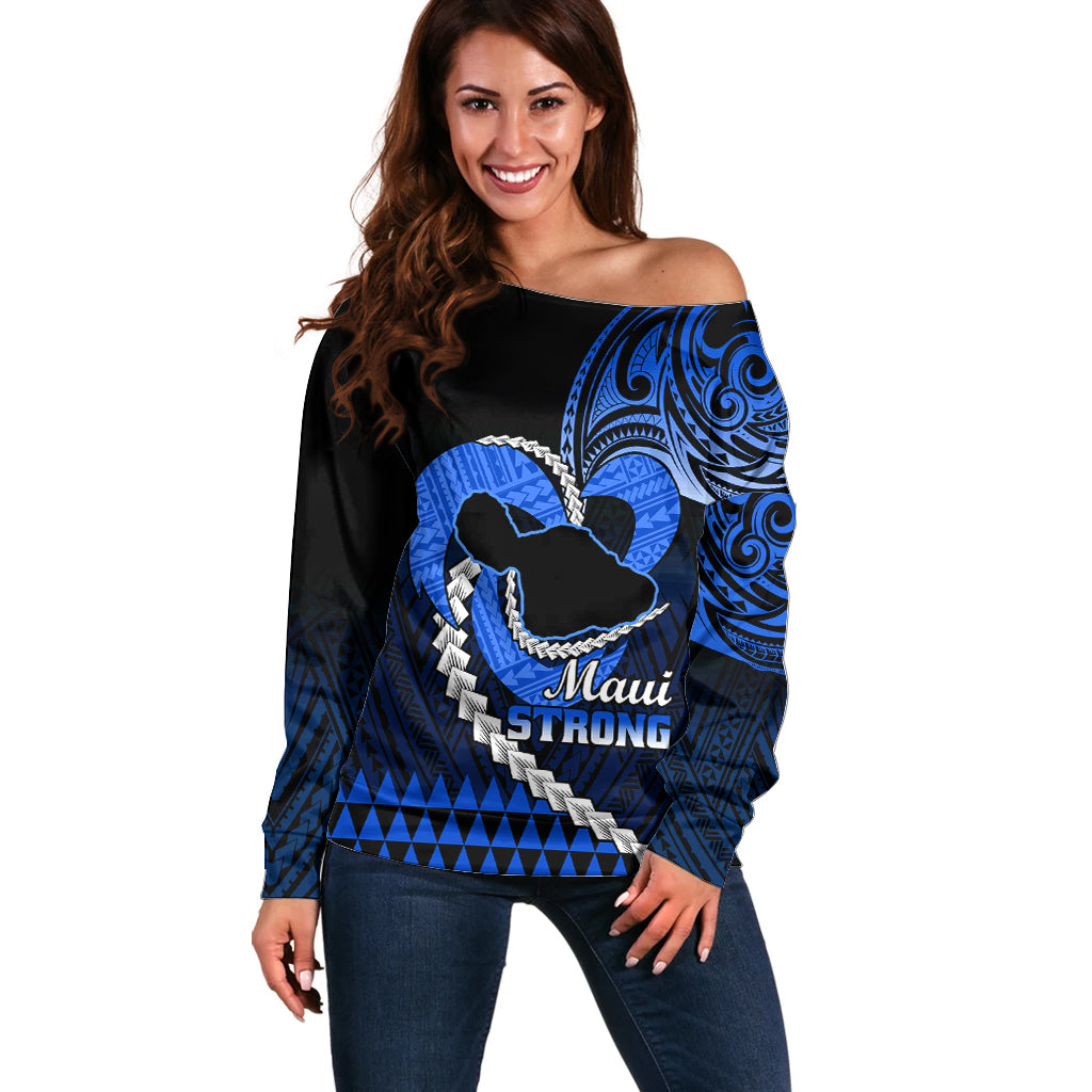 Personalised Hawaii Off Shoulder Sweater Maui Be Strong Kakau Blue Version - Wonder Print Shop