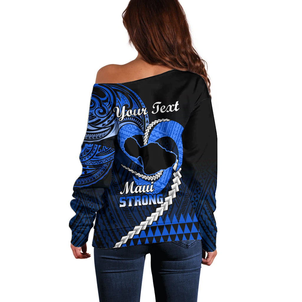 Personalised Hawaii Off Shoulder Sweater Maui Be Strong Kakau Blue Version - Wonder Print Shop