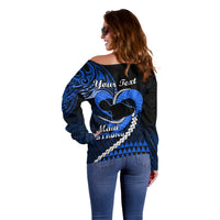 Personalised Hawaii Off Shoulder Sweater Maui Be Strong Kakau Blue Version - Wonder Print Shop