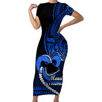 Personalised Hawaii Short Sleeve Bodycon Dress Maui Be Strong Kakau Blue Version - Wonder Print Shop
