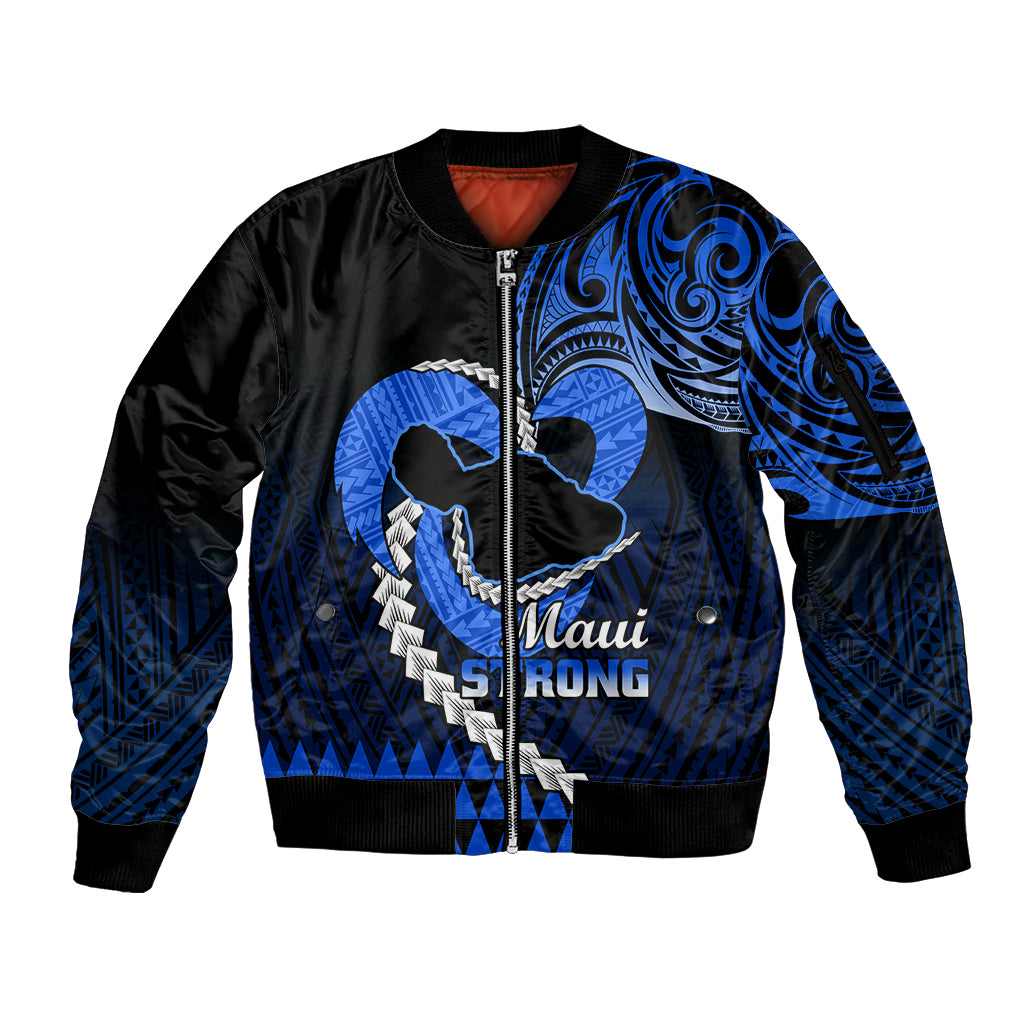 Personalised Hawaii Sleeve Zip Bomber Jacket Maui Be Strong Kakau Blue Version - Wonder Print Shop