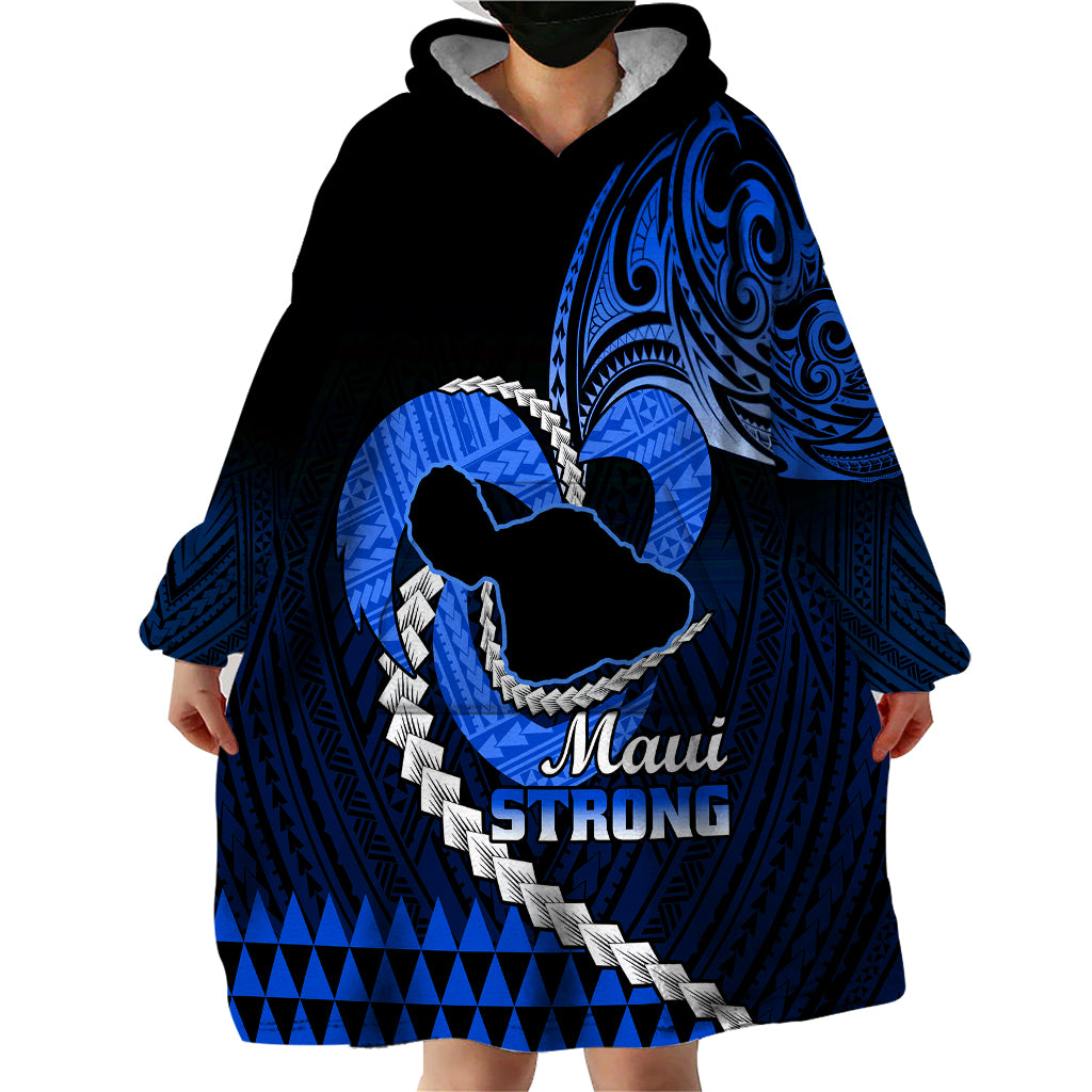Personalised Hawaii Wearable Blanket Hoodie Maui Be Strong Kakau Blue Version - Wonder Print Shop