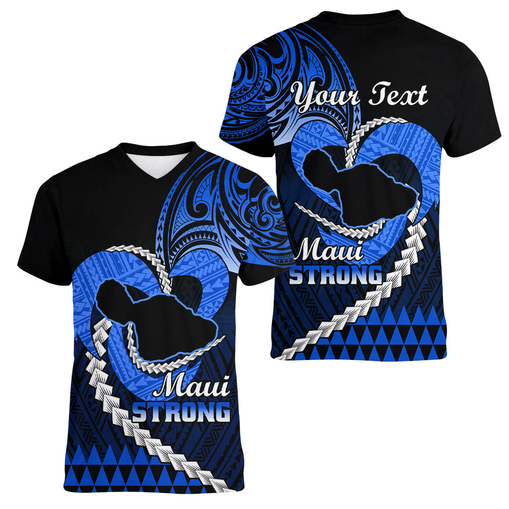 Personalised Hawaii Women V Neck T Shirt Maui Be Strong Kakau Blue Version - Wonder Print Shop