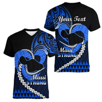 Personalised Hawaii Women V Neck T Shirt Maui Be Strong Kakau Blue Version - Wonder Print Shop