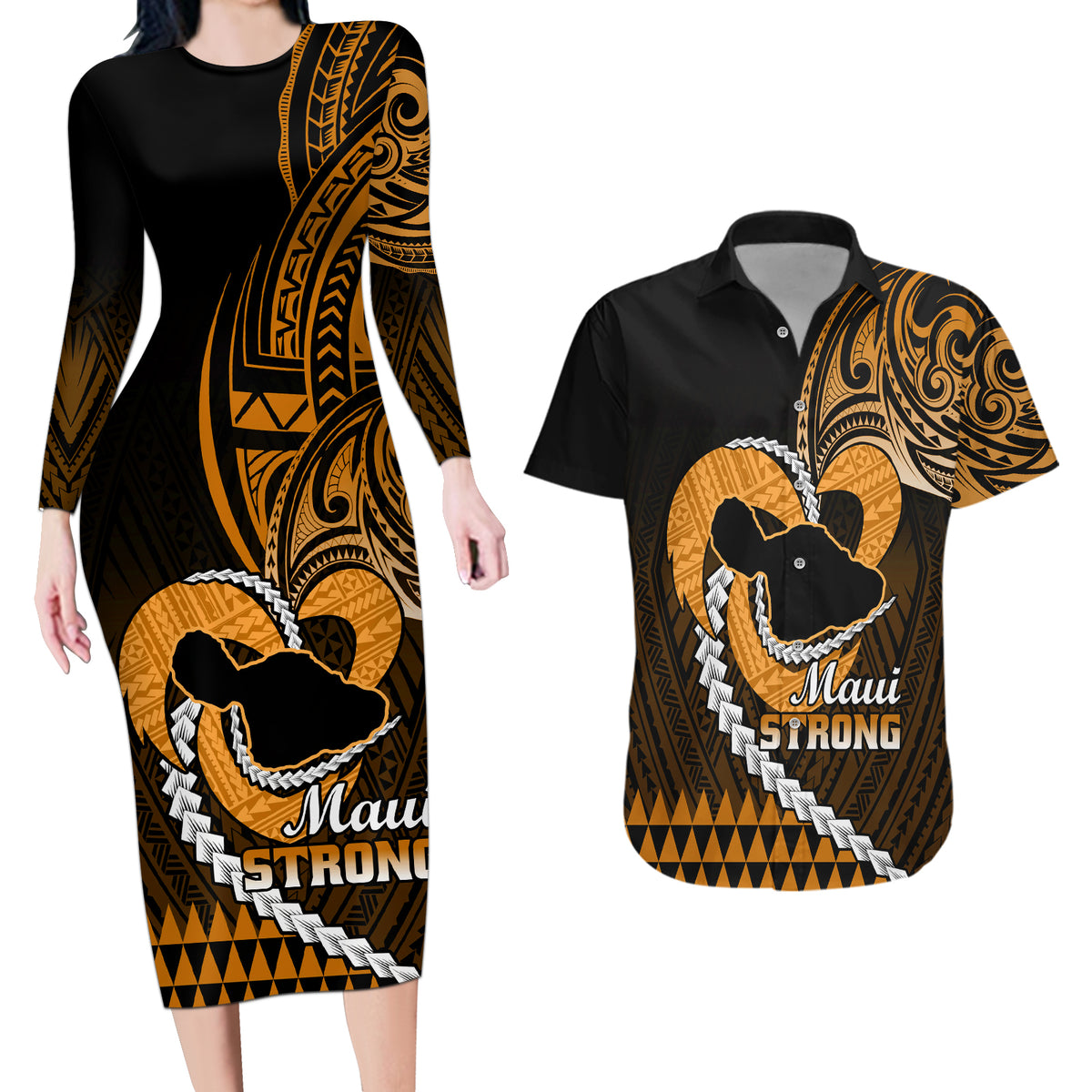 Personalised Hawaii Couples Matching Long Sleeve Bodycon Dress and Hawaiian Shirt Maui Be Strong Kakau Gold Version - Wonder Print Shop
