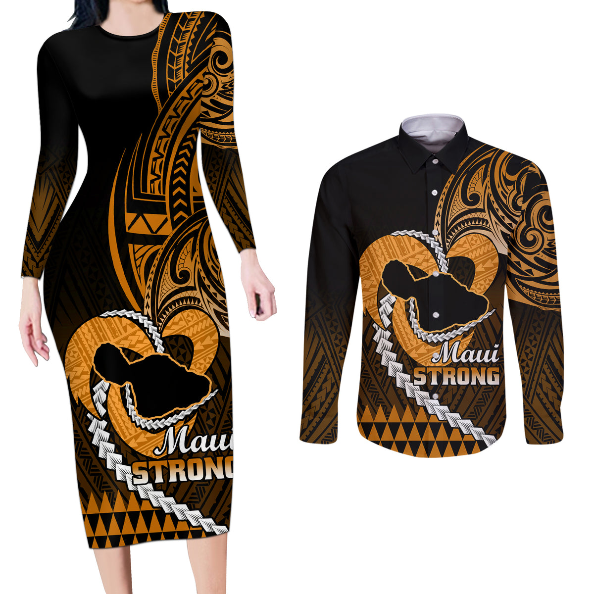 Personalised Hawaii Couples Matching Long Sleeve Bodycon Dress and Long Sleeve Button Shirts Maui Be Strong Kakau Gold Version - Wonder Print Shop