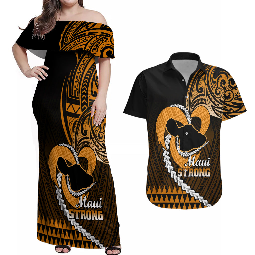 Personalised Hawaii Couples Matching Off Shoulder Maxi Dress and Hawaiian Shirt Maui Be Strong Kakau Gold Version - Wonder Print Shop