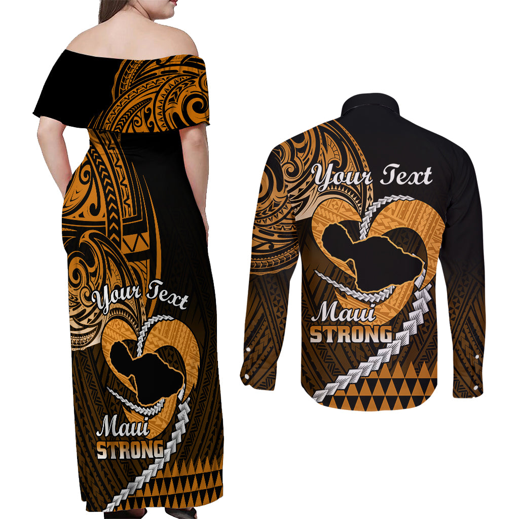 Personalised Hawaii Couples Matching Off Shoulder Maxi Dress and Long Sleeve Button Shirts Maui Be Strong Kakau Gold Version - Wonder Print Shop