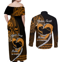 Personalised Hawaii Couples Matching Off Shoulder Maxi Dress and Long Sleeve Button Shirts Maui Be Strong Kakau Gold Version - Wonder Print Shop